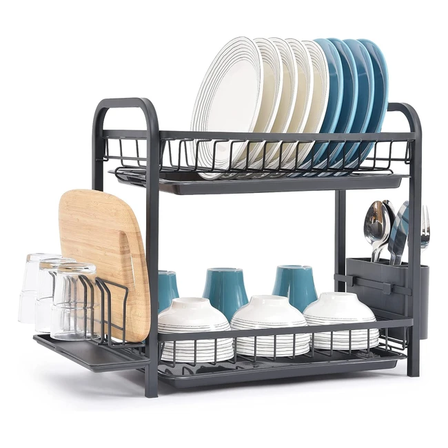 Kingrack 2 Tier Dish Drying Rack with Utensil Holder, Glass Holder, Cutting Board Holder, and Mini Draining Board - Large Capacity and Rustproof