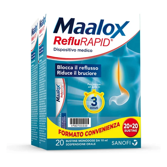 Maalox Reflurapid 20 - 20 bustine monodose senza lattosio e glutine - Azione tri