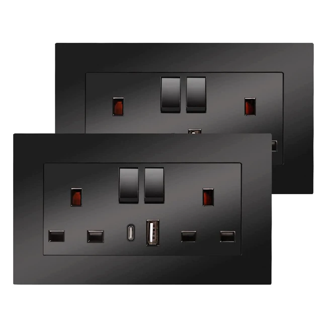 2 Pack CNBingo Double Switched Power Socket with Dual USB Ports Type A and C - Black
