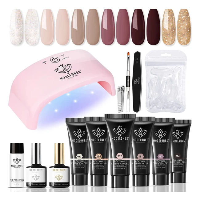 Kit complet Modelones Polygel pour ongles - 6 couleurs lampe UV 20W base et to