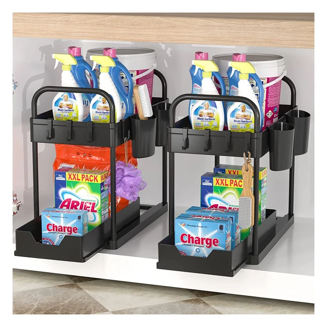 Organizer sottolavello 2 livelli con 4 ganci e 2 tazze appese - Nero