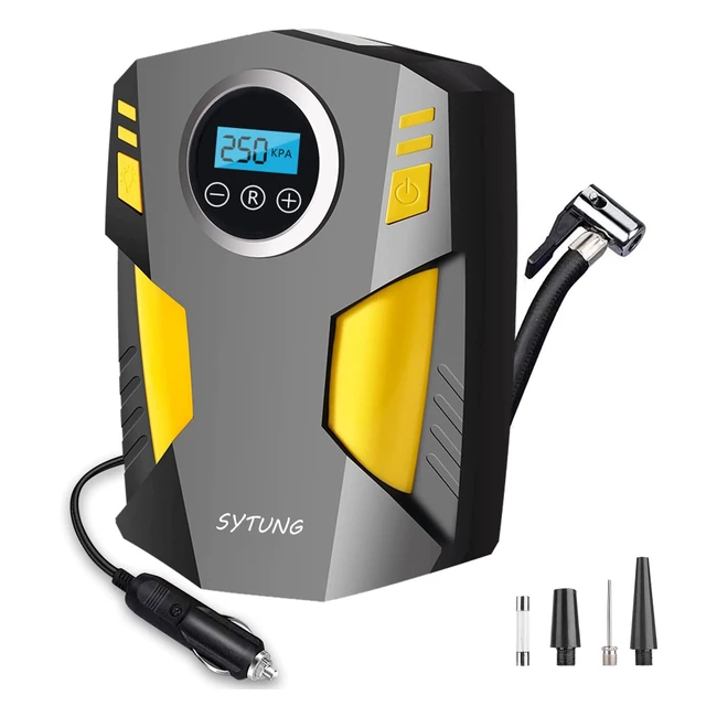 Sytung Portable Digital Tyre Inflator with LED Light - Rapid 12V Electric Car Tyre Pump for Tires and Inflatables - 3 Nozzle Adaptors Included
