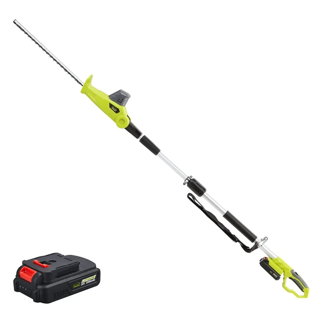 Cordless Pole Hedge Trimmer - Telescopic, Long Reach, 20V, 2000mAh Li-ion Battery, 65cm Blade, 51cm Cutting Length, 16mm Tooth Opening, 1hr Fast Charger, 24m Extension Pole