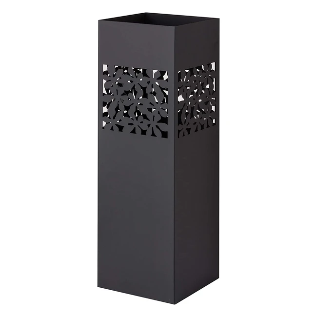 Porte-parapluie moderne en métal avec sculpture de fleurs, crochets et bac d'égouttement amovible - Noir