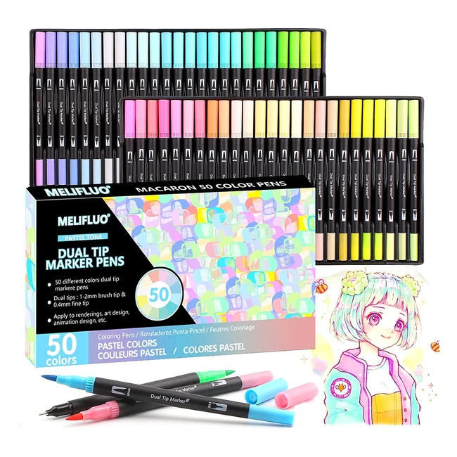 Melifluo 50 Pastel Felt Tip Pens - Dual Tip Brush and Fine Liners for Adult Colo