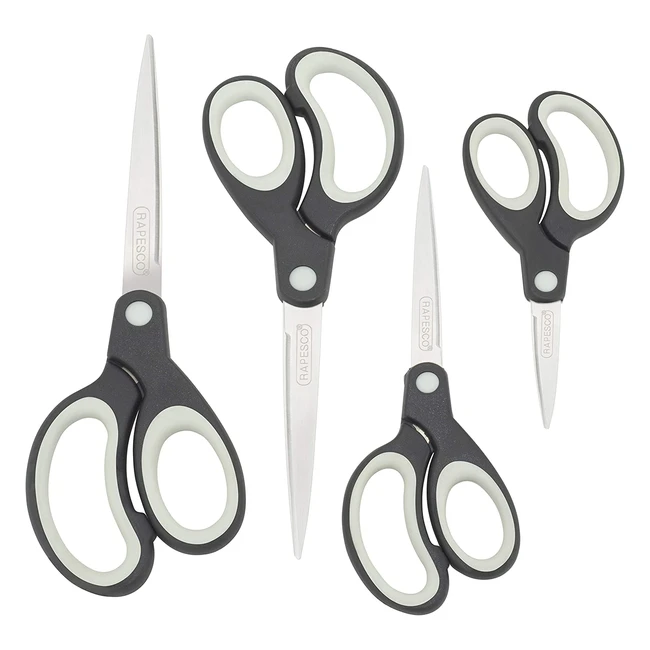 Rapesco 1574 Soft Grip Scissors - Set of 4 | Durable Stainless Steel Blades | Contoured Handles | Suitable for Home, Office, or School Use