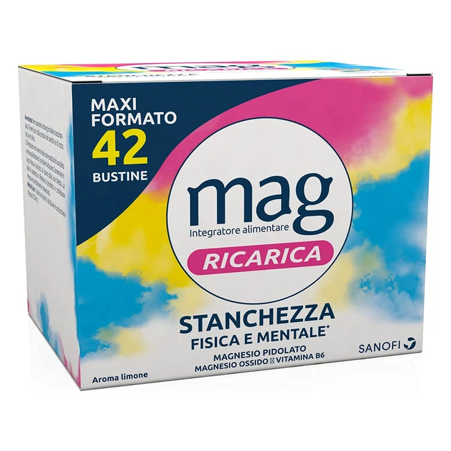 Mag Ricarica - Integratore Alimentare con Magnesio Pidolato, Ossido e Vitamina B6 per la Stanchezza Mentale e Fisica - 42 Bustine Aroma Limone