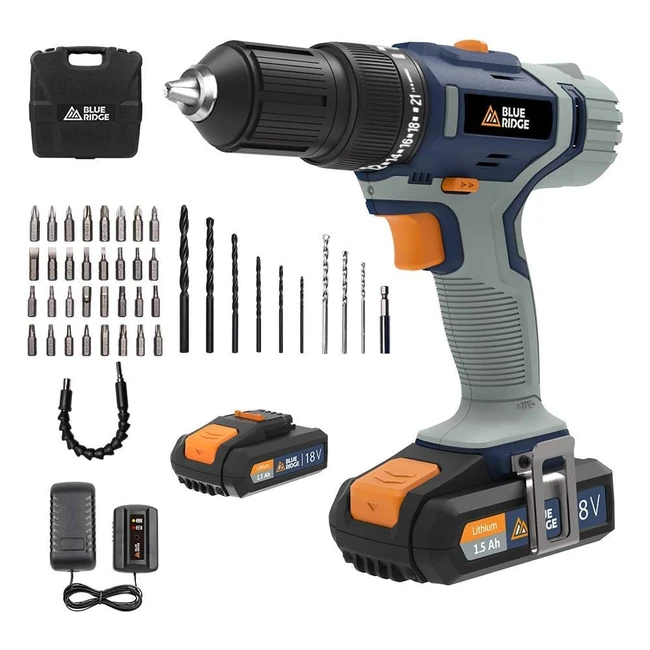 Blue Ridge Cordless Hammer Drill 20V Max - BR2808K2 - 42Nm Combi Drill with 2x 1.5Ah Li-ion Battery, 1hr Fast Charger, 13mm Keyless Chuck, Variable Speed & 43pcs Accessories