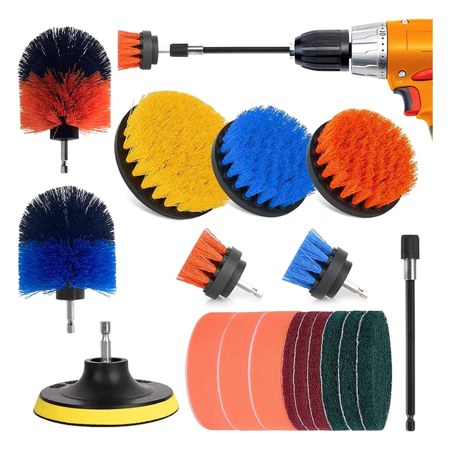 Brosse nettoyage rotative pour voiture, jantes, baignoire, carrelage, cuisine, canapé et barbecue - Kit de 18 pièces