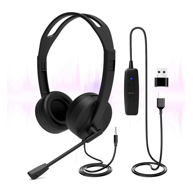 USB Headset with Microphone, Noise Cancelling, Audio Controls - for Skype, Call Center, Business, Gaming, Teaching, etc.