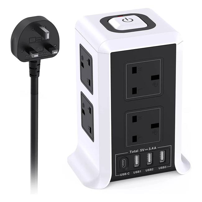 8-Way Tower Extension Lead with USB Ports, Surge Protection, and 2m Cable - Home & Office