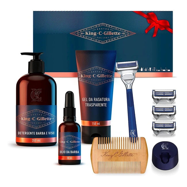 Kit da barba King C Gillette: regolabarba, rasoio manuale, 3 lamette, olio, gel, detergente e pettine - Idea regalo uomo