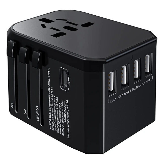 Universal Travel Adapter with 4 Smart USB Ports - Fast Charge Type C - Worldwide AC Socket - 180 Countries - Safe and Compact