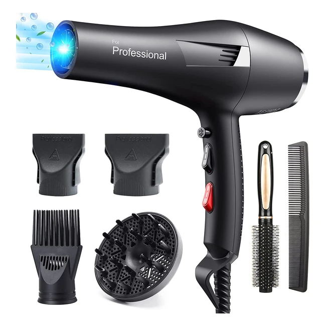 HappygooBlack Professional Hair Dryer 2400W AC Motor - Fast Drying Salon Ionic Hairdryer with 2 Speed 3 Heat Setting