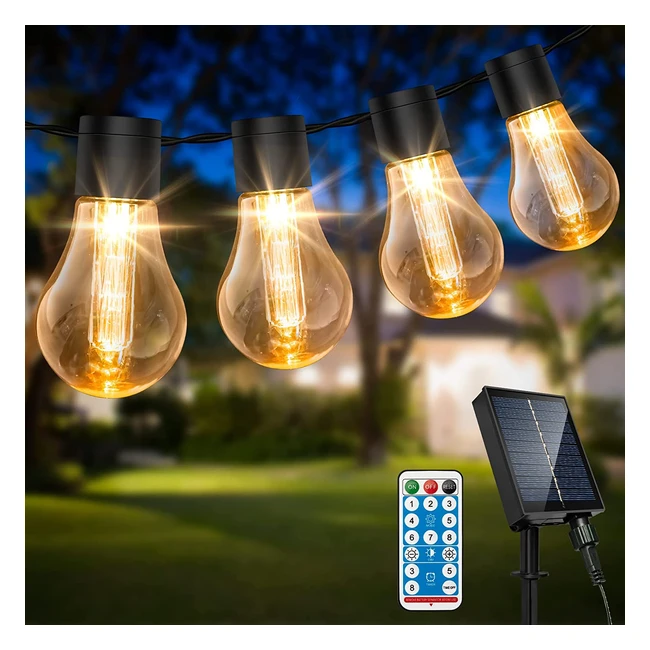 Ulightown Solar Festoon Lights - 295ft, 8 Modes, 20 LED Bulbs, Remote Control, Waterproof