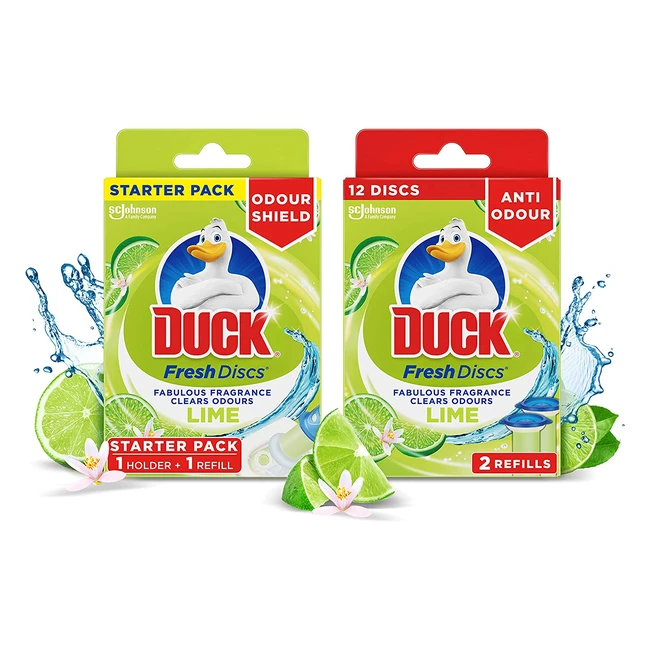 Duck Fresh Discs Toilet Cleaner Kit - Lime Scented, 18 Discs, 3 Refills, No Germy Cage