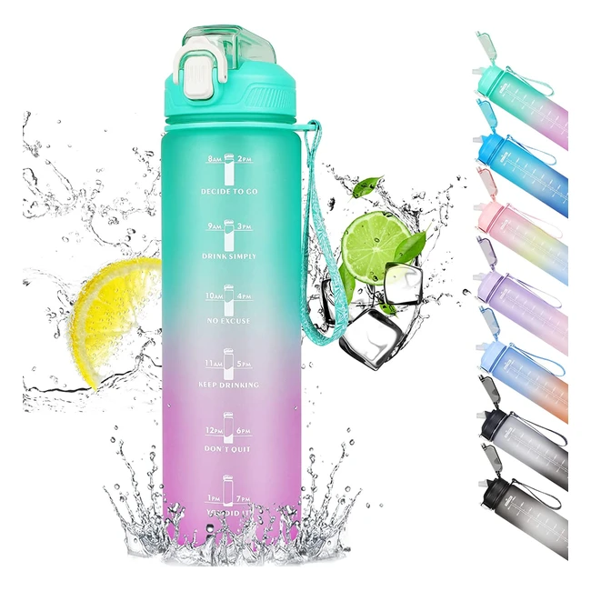 Codicile Motivational Water Bottle - 1L Sports Bottle with Straw  Time Markings