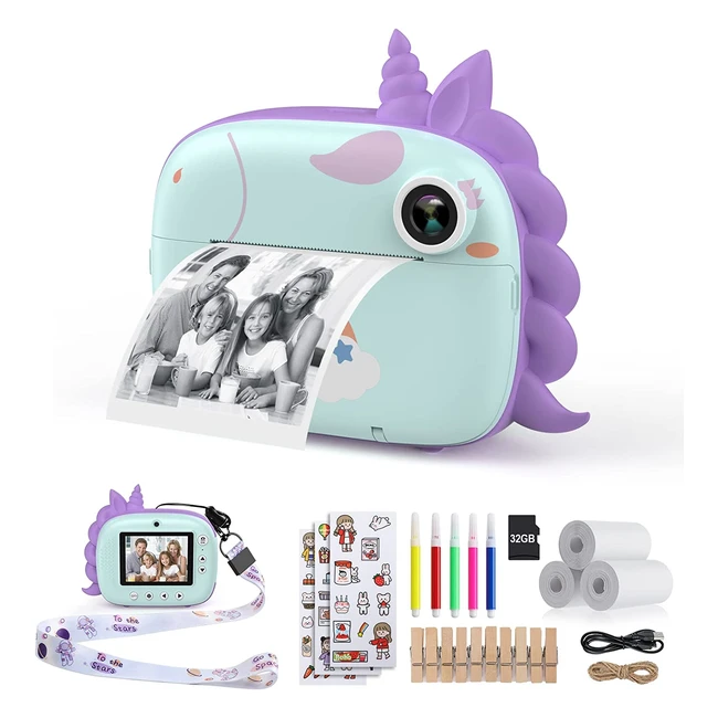 Himont Appareil Photo Instantané Enfants - Camera Numérique 20MP avec Impression Instantanée, Carte TF 32G, Stylos Couleurs et Autocollants pour le Bricolage - Cadeau Idéal pour Filles et Garçons de 3-14 ans