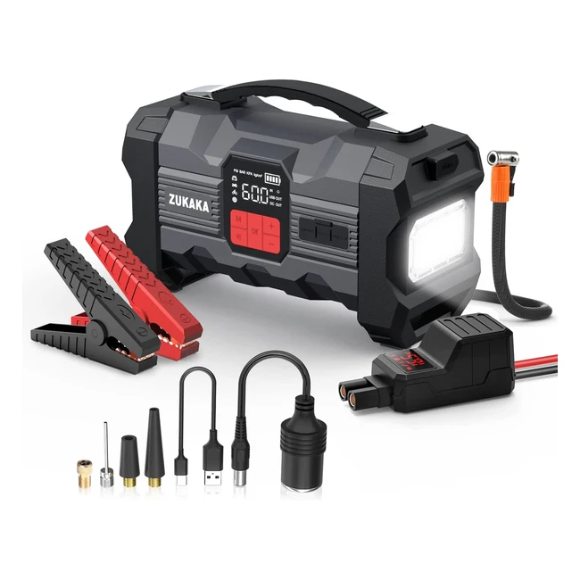 Booster Batterie Zukaka 3000A 26800mAh avec Gonfleur Pneus Voiture 12V - Démarrage Rapide Tout Gaz ou 80L Diesel - Compresseur Air 150PSI - LED 400Lumen