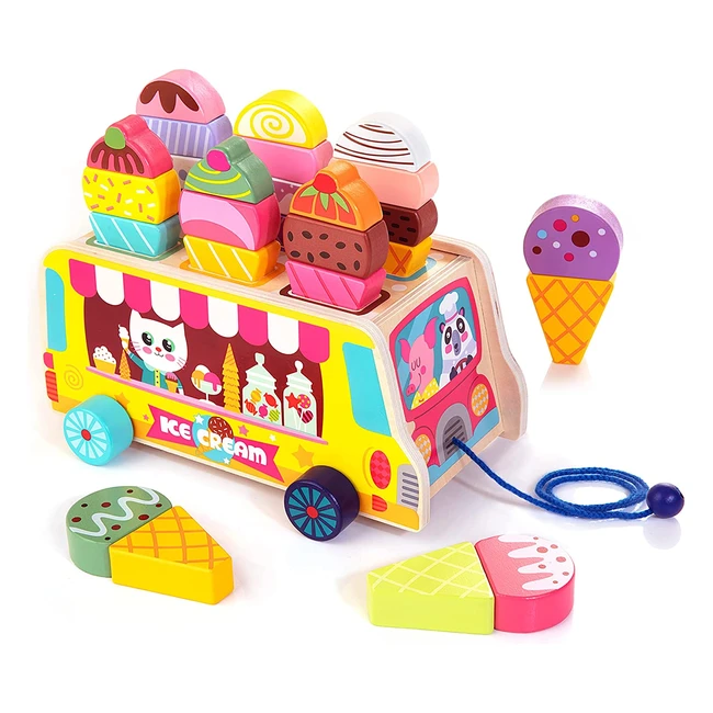 Chariot glaces en bois Hellowood pour enfants de 3-5 ans - jouet éducatif avec glace magnétique et accessoires multicolores