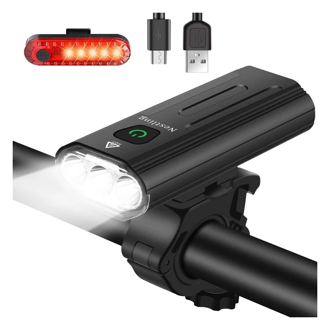 NestlingBike Light Set - 3000 Lumens USB Rechargeable - Mountain Bike Light with 5 Modes & Waterproof - Easy Mount Cycling Front & Rear Light