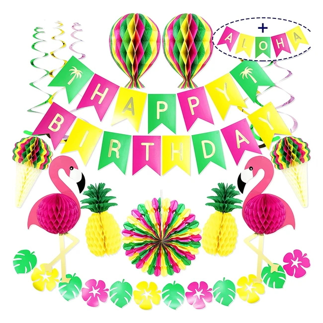 Premium Reusable Hawaiian Party Decorations - Happy Birthday Banner, Flower Garland, Flamingo, and More