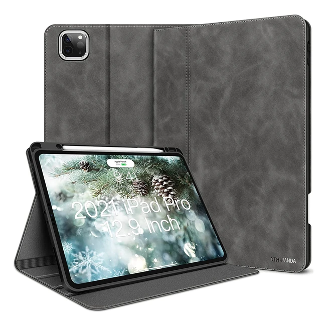 iPad Pro 12.9 Case 2022, PU Leather Minimalist Folio Smart Cover with Pencil Holder, Wireless Charging, Auto Sleep/Wake - Dark Gray
