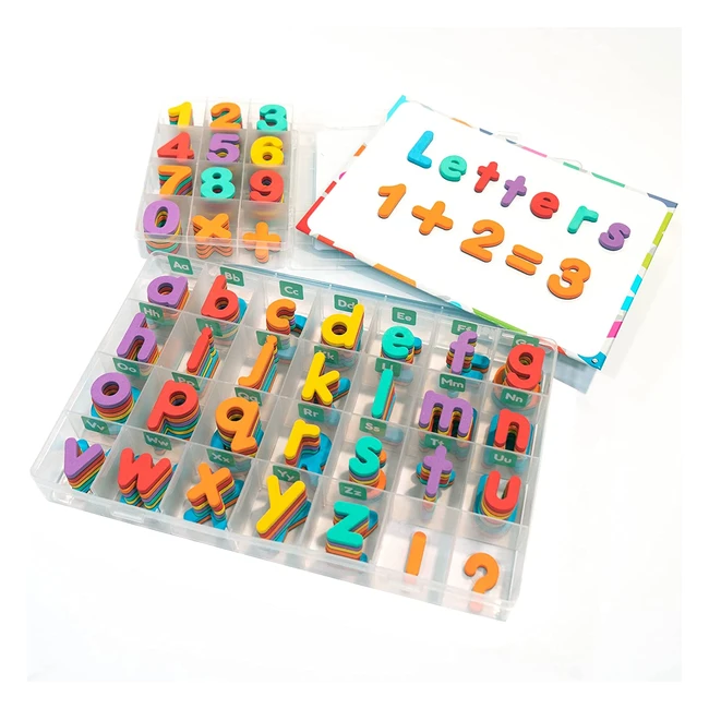 Magnetic Letters and Numbers Set - Complete 182 Letters, 81 Numbers, Symbols - Foam Fridge Magnets for Kids - Includes 2 Storage Boxes, Board, Pens, and Eraser