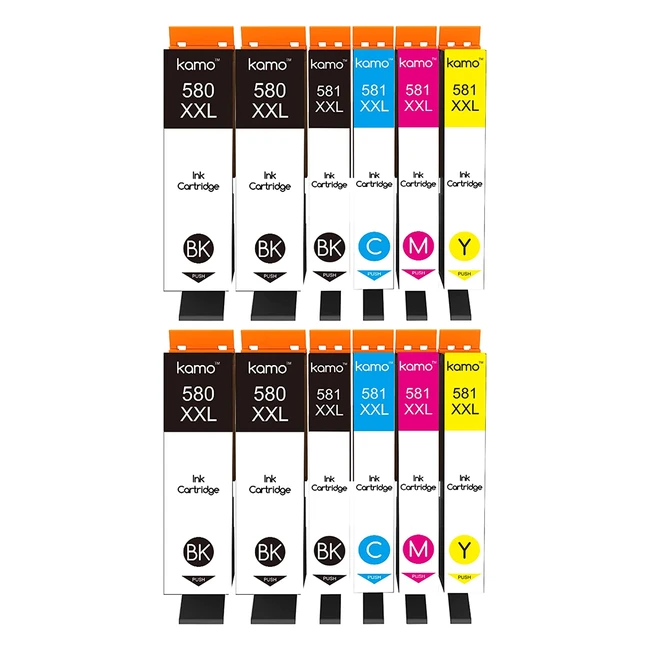 Cartouches d'encre Kamo 580/581 XXL pour Canon Pixma - Pack de 12 noir, cyan, magenta, jaune - TR7550 TR8550 TS705 TS6150 TS6250 TS6350 TS8150 TS8250 TS8350