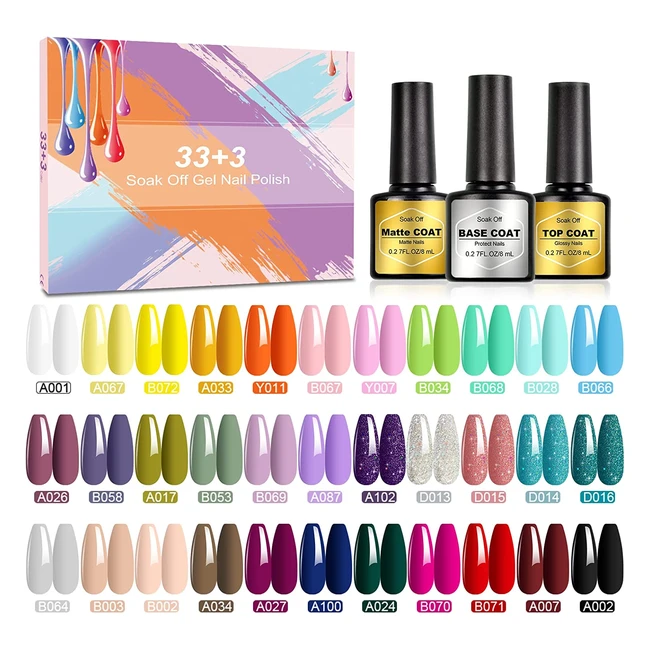 Smalto Semipermanente Nailmasha - 36 pezzi con base e top coat - Popolare Pastello, Nero, Bianco, Nudo, Neon e Glitter