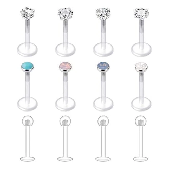 Lauritami 12pcs Clear Lip Labret Bars Studs Retainers Bioflex Crystal 8mm 16g - Perfect for Medusa and Monroe Piercing
