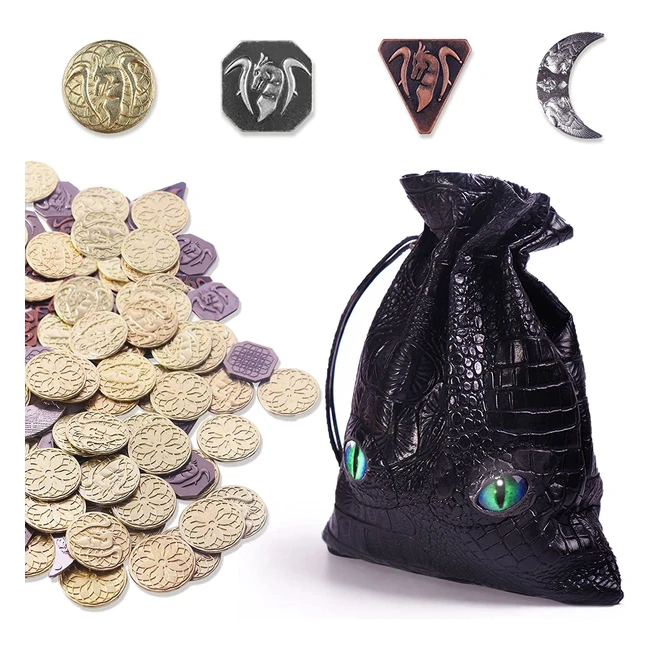 145 pièces en métal pour DND avec sac en cuir brillant - 60 pièces en or, 40 en argent, 40 en cuivre et 5 en platine
