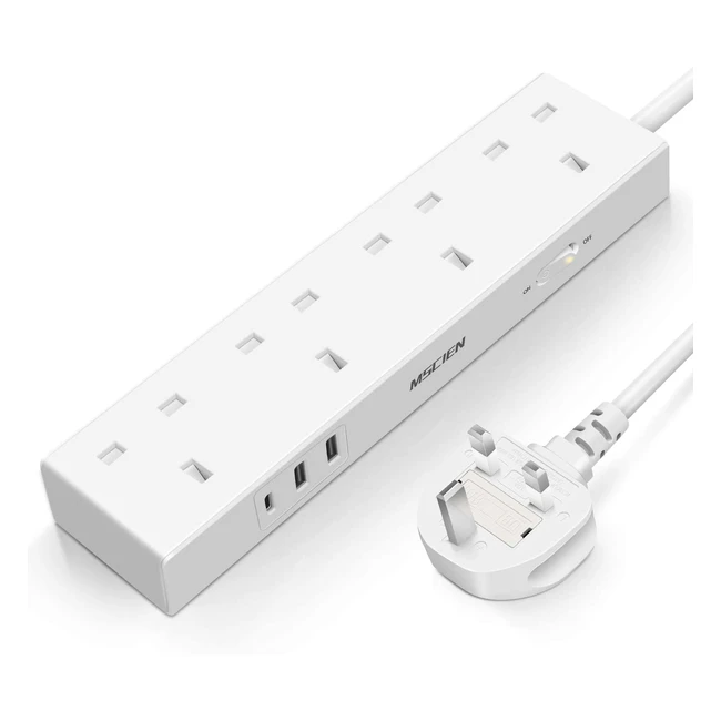MSCIEN Extension Lead with USB Slots - 4 Way Outlets Power Strip with 1 USB-C and 2 USB Ports - Overload Protection Multi Power Plug Extension Socket for Home Office