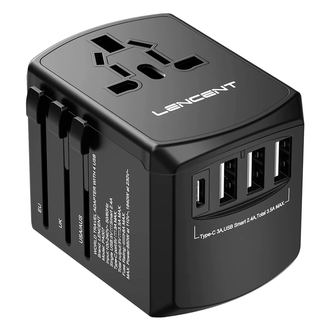 Adaptateur de voyage Lencent avec prises universelles et chargeur rapide USB-C - Voyagez dans plus de 200 pays