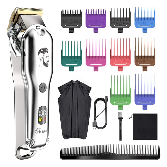 Hatteker Men's Hair Clipper - Cordless Clippers for Professional Barbers - Waterproof Grooming Kit with Colorful Combs - Silver