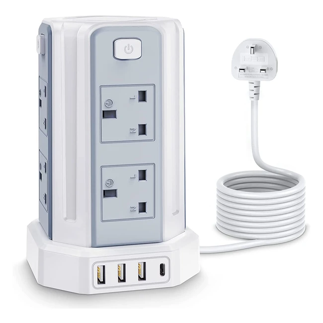 Tower Extension Lead with USB Slots, Surge Protected Power Strip - 8 Outlets, 4 USB Charging Ports, 3m Long Cord