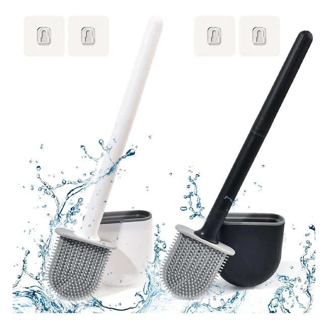 Brosse Toilette Silicone Plate - Paquet de 2 - Long Manche de Salle de Bain - Nettoyage en Profondeur - Antigoutte - Blanc