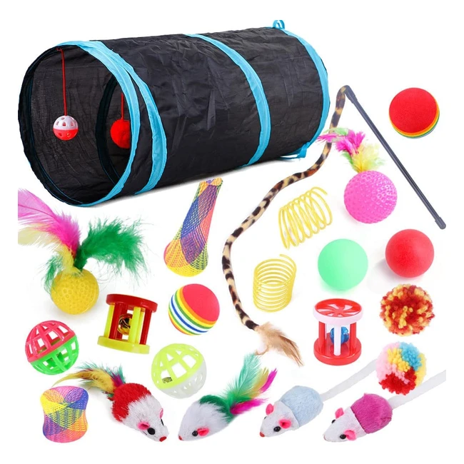 22 Pcs Interactive Cat Toys for Indoor Cats - Best Value Set with Tunnel, Feather Teaser Wand, and More