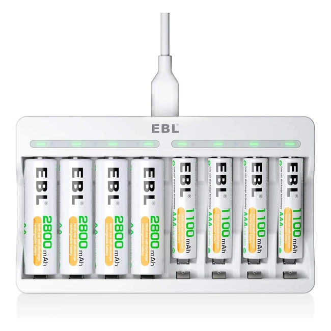 Cargador rápido EBL AA/AAA con 8 ranuras individuales y tecnología de carga rápida USB 5V 2A