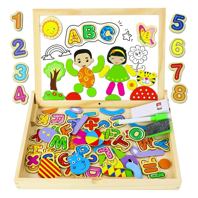 Tonze Magnetic Drawing Board - Montessori Toys for 2-5 Year Olds - Double Sided Magnetic Board with 71 Colorful Puzzles