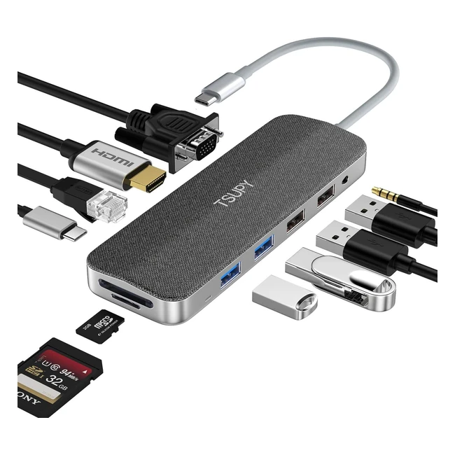 Hub USB C Tsupy 11 in 1, doppio display, adattatore USB C HDMI 4K, VGA, 4 USB, Ethernet, PD 100W, lettore schede SD/micro SD, jack 3.5, docking station USB C per MacBook Pro