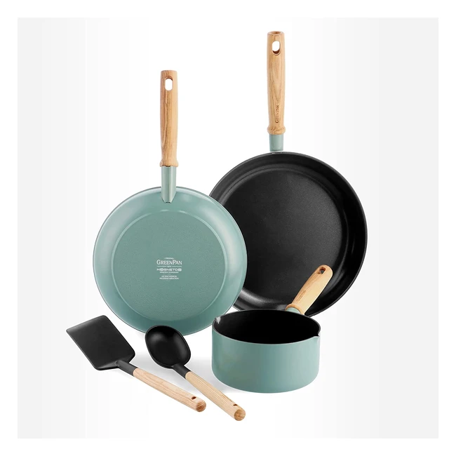 GreenPan Mayflower Ceramic Nonstick Cookware Set - Vintage Wood Handle, PFAS-Free, Induction, Smoky Blue