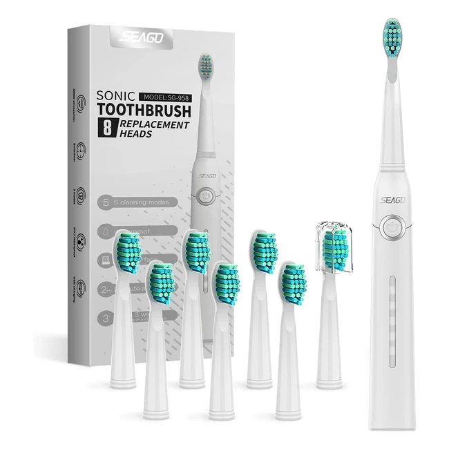 Cepillo de dientes eléctrico sónico Seago, blanqueamiento en 2 semanas, carga USB, 5 modos y temporizador de 2 min, 8 cabezales - Blanco