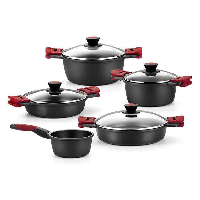 Batteria di pentole antiaderenti in ghisa con 5 pezzi - Adatta per ogni tipo di cucina, anche induzione