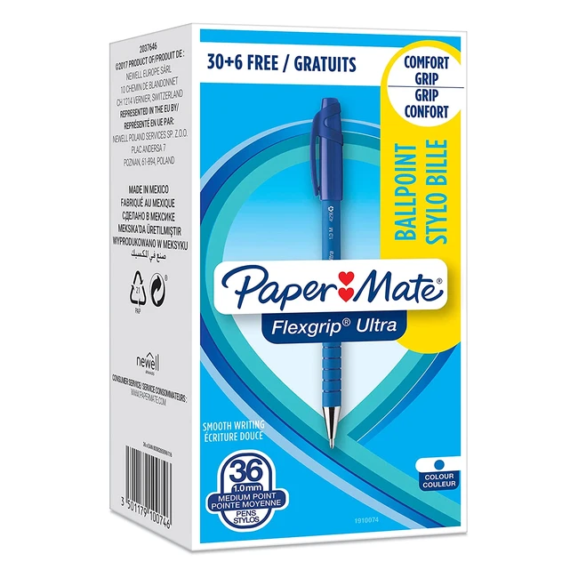 Stylo bille Papermate Flexgrip Ultra - Pointe moyenne 1.0mm - Encre bleue - Boîte de 306