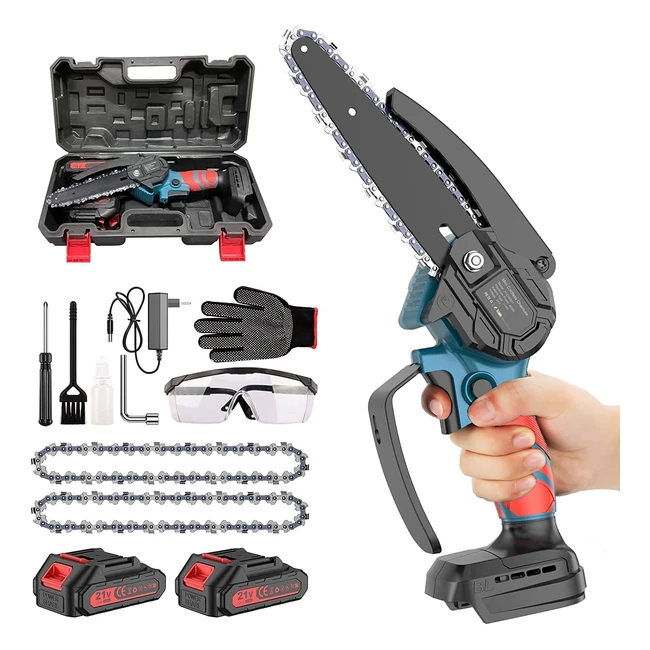 Mini Motosierra Eléctrica de Mano Portátil - 6 Pulgadas - Batería 2x2000mAh - Poda de Árboles y Corte de Madera
