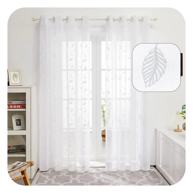 Cortinas Decorativas UMI con Motivos de Hojas, 2 Piezas 140x245cm Blanco