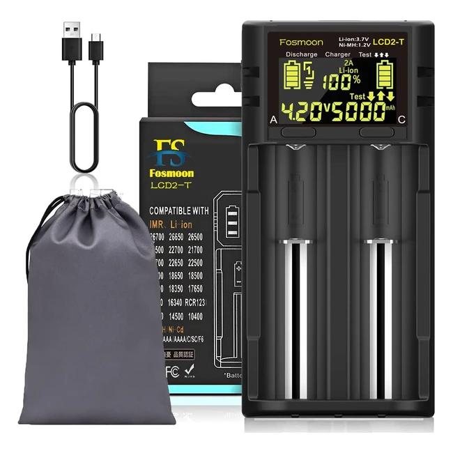 LCD2T 18650 Battery Charger - Fast 2-Bay Charger with LCD Screen & Discharge Test