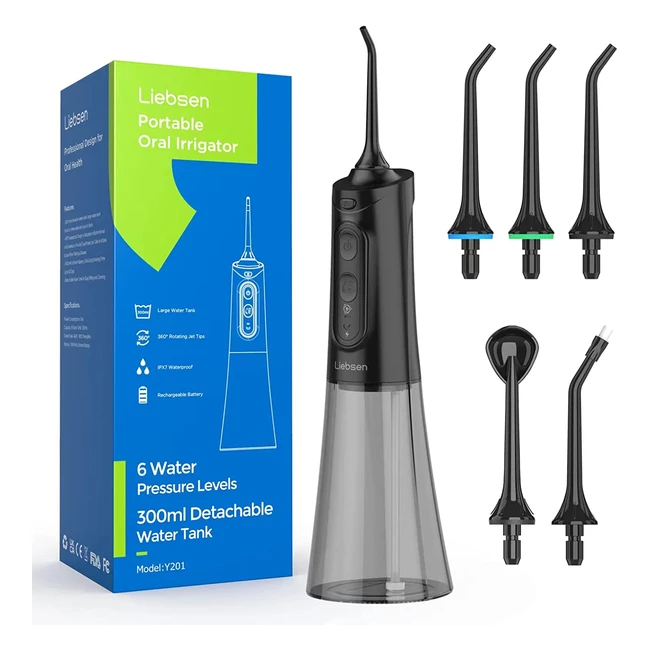 Idropulsore dentale portatile Liebssen con 6 intensità dell'acqua e 5 ugelli di ricambio - Nero