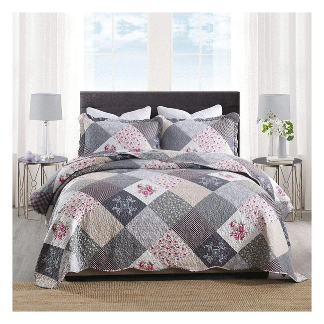 Couvre-lit matelassé de luxe patchwork gris 240x260cm + 2 taies d'oreiller 50x90cm